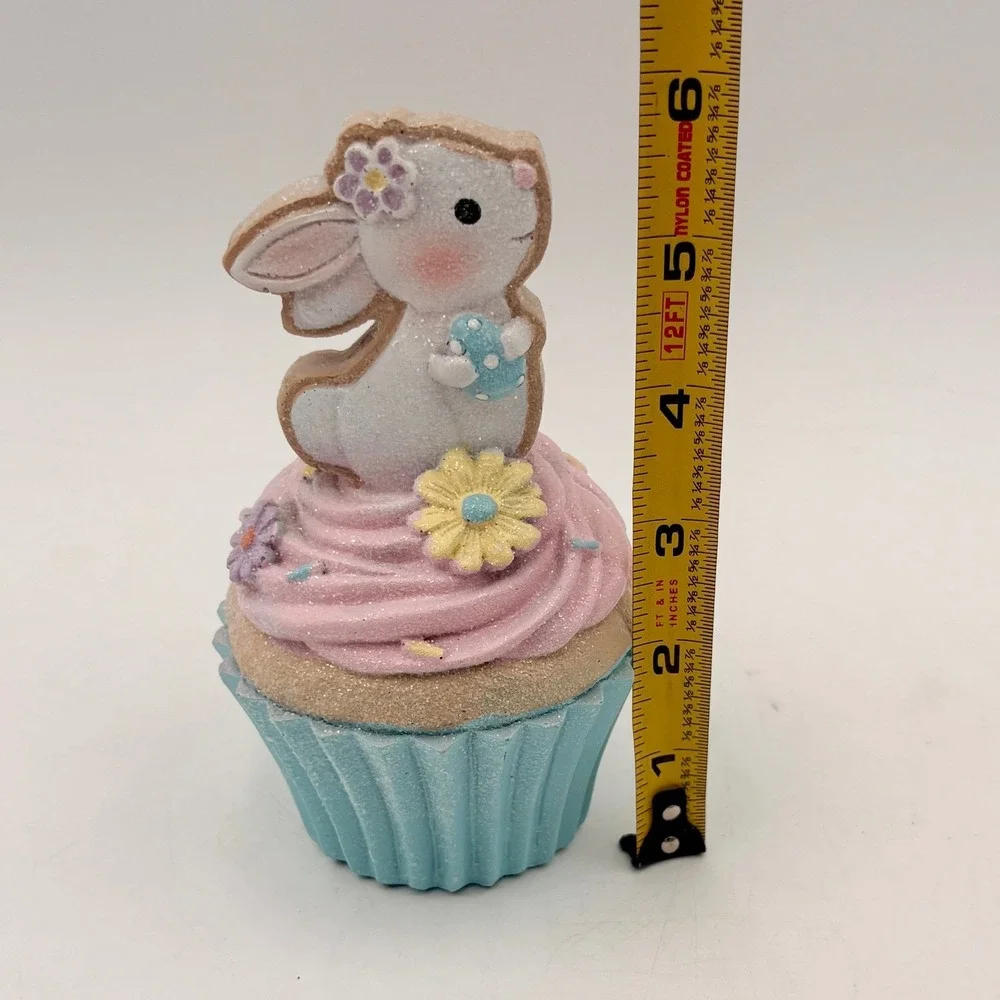 Easter Bunny Rabbit Cupcake Figure Pink Frosting Blue Liner Glitter Spring Decor